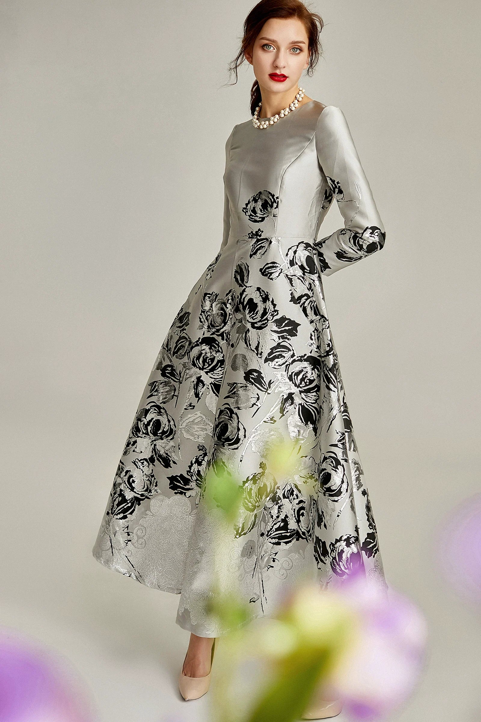 The A-line Silver Jacquard Formal Mum Dress