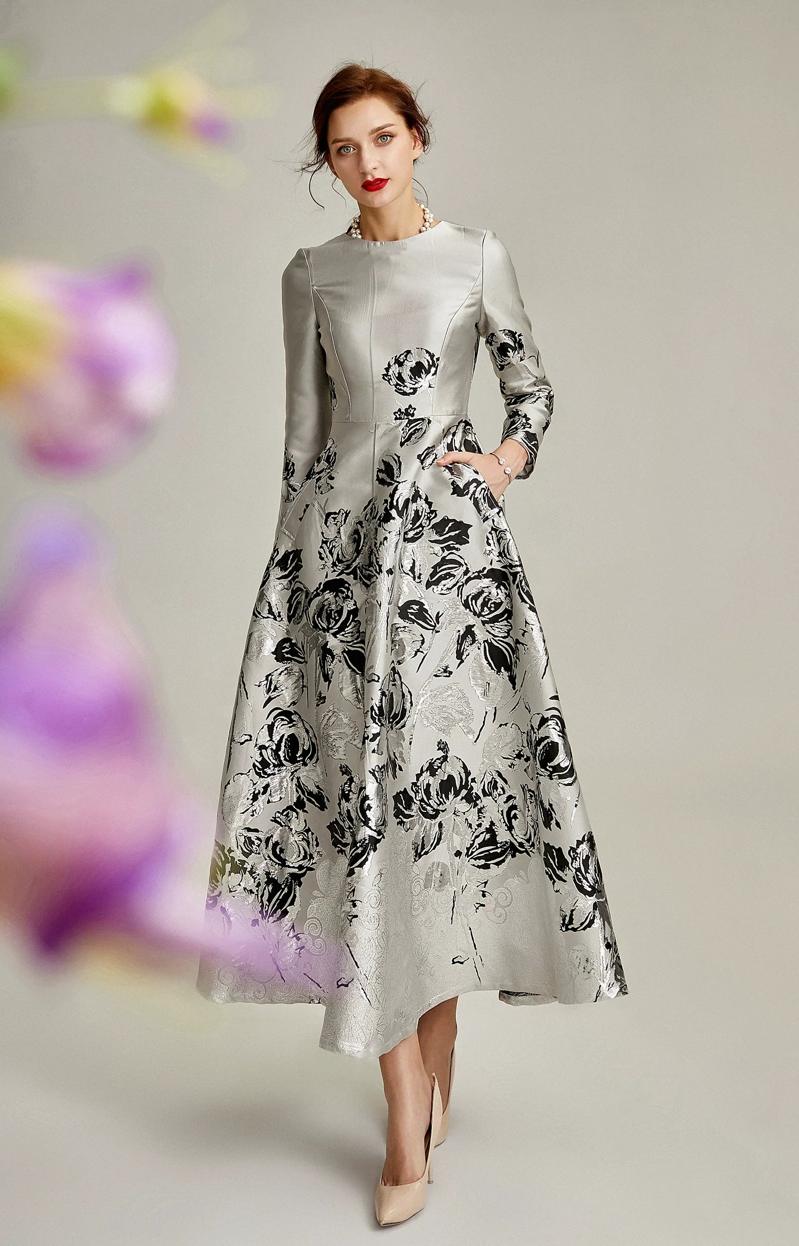 The A-line Silver Jacquard Formal Mum Dress
