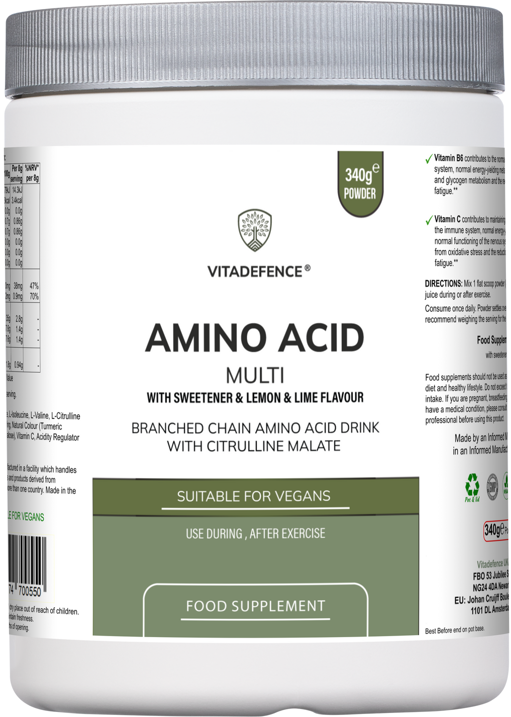 Amino Acid Multi | Lemon & Lime Flavour with Citrulline Malate, BCAAs & Vitamins – 300 g