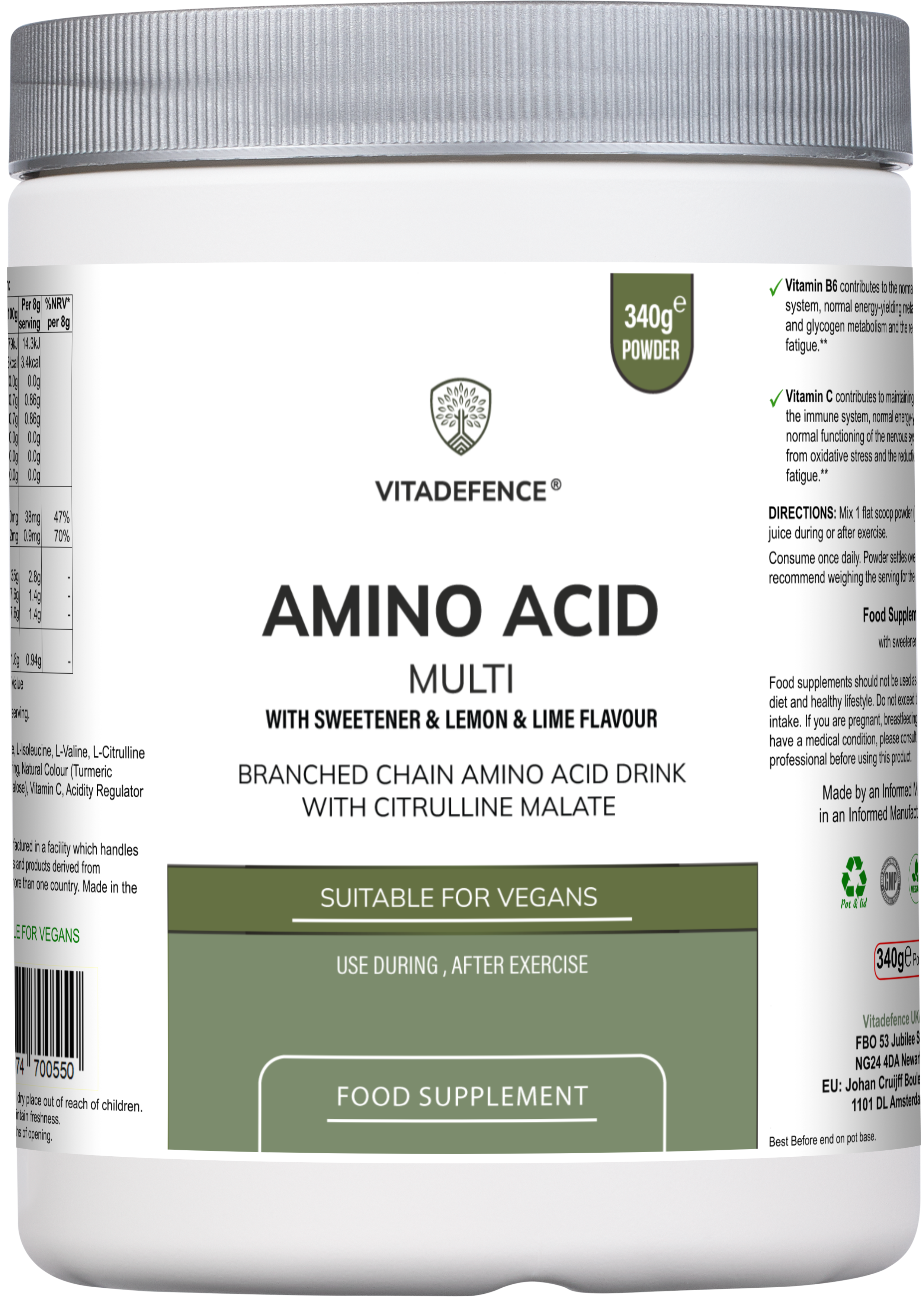 Amino Acid Multi | Lemon & Lime Flavour with Citrulline Malate, BCAAs & Vitamins – 300 g
