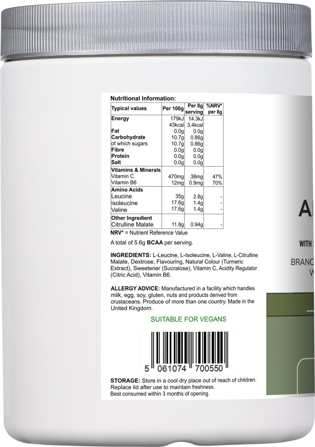 Amino Acid Multi | Lemon & Lime Flavour with Citrulline Malate, BCAAs & Vitamins – 300 g