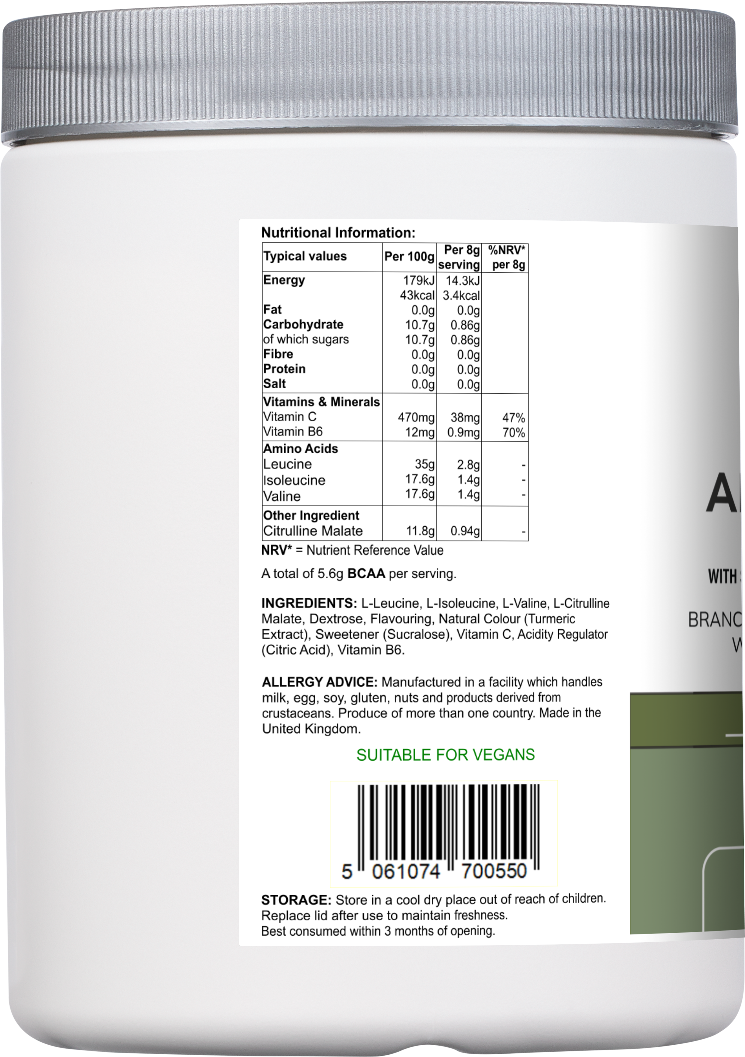 Amino Acid Multi | Lemon & Lime Flavour with Citrulline Malate, BCAAs & Vitamins – 300 g