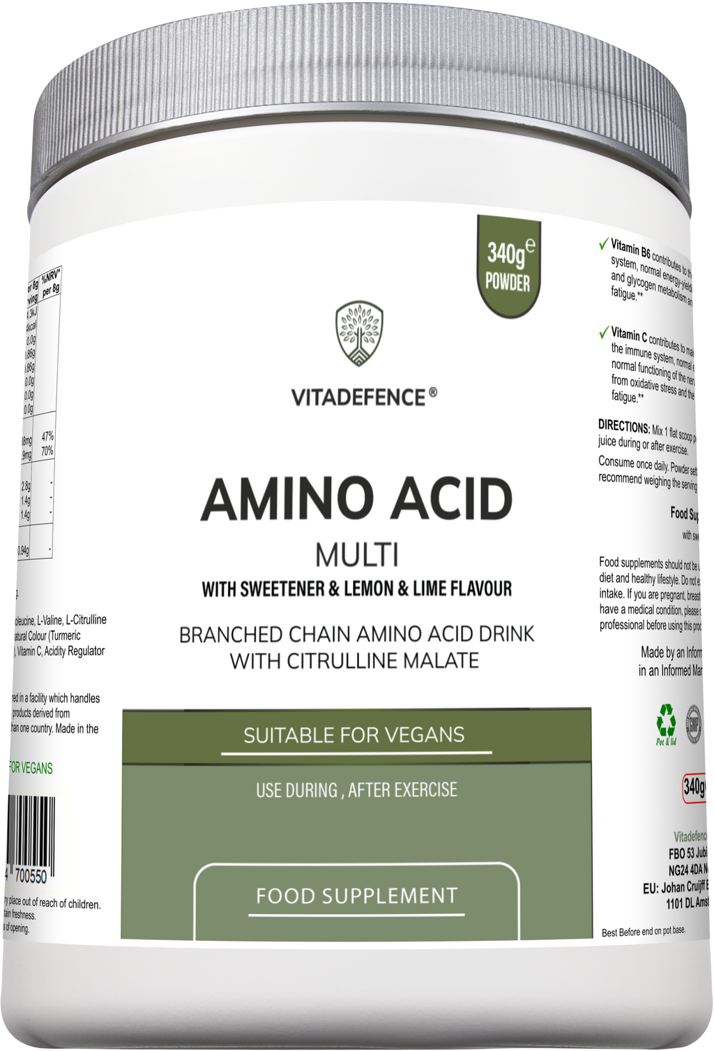 Amino Acid Multi | Lemon & Lime Flavour with Citrulline Malate, BCAAs & Vitamins – 300 g