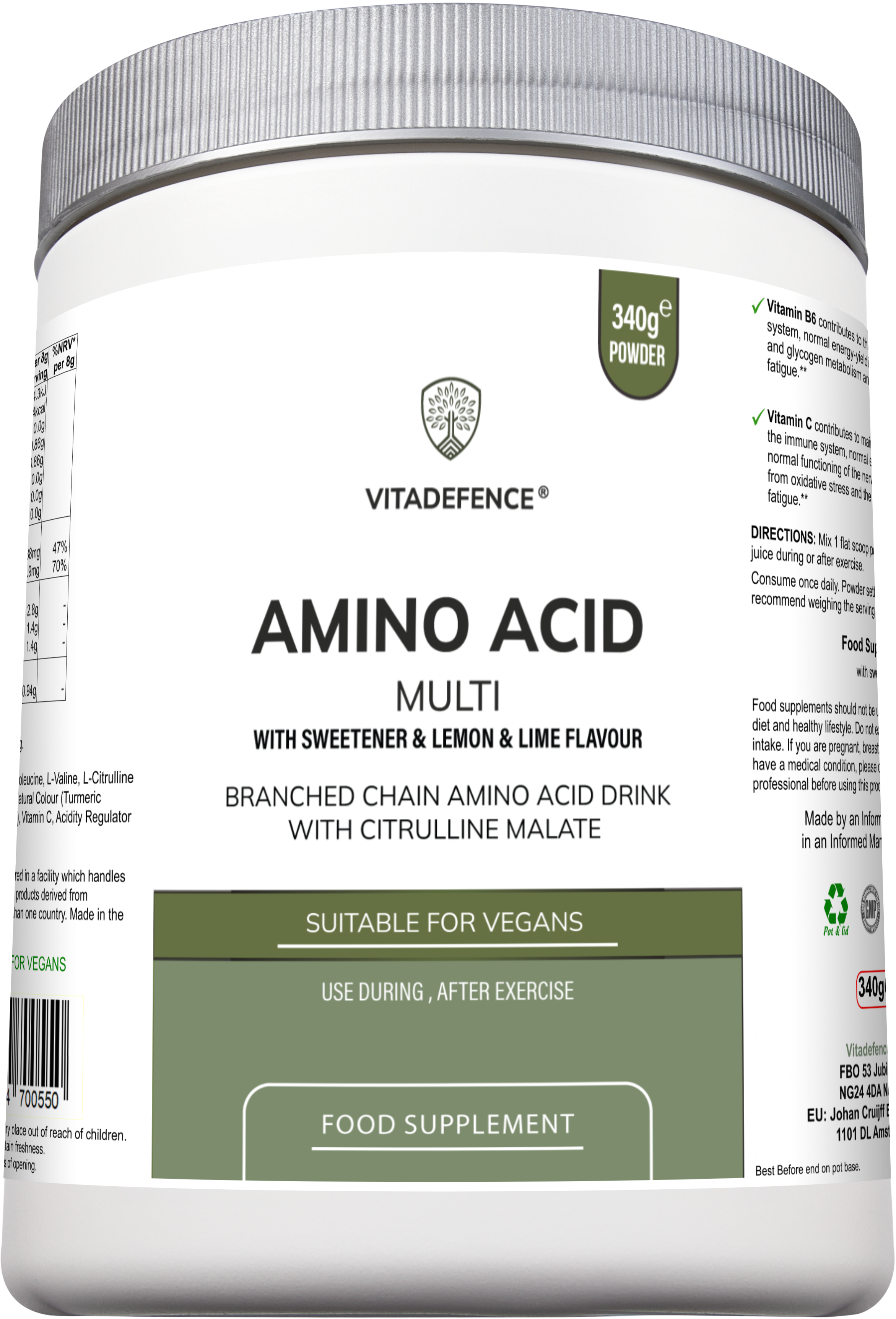 Amino Acid Multi | Lemon & Lime Flavour with Citrulline Malate, BCAAs & Vitamins – 300 g