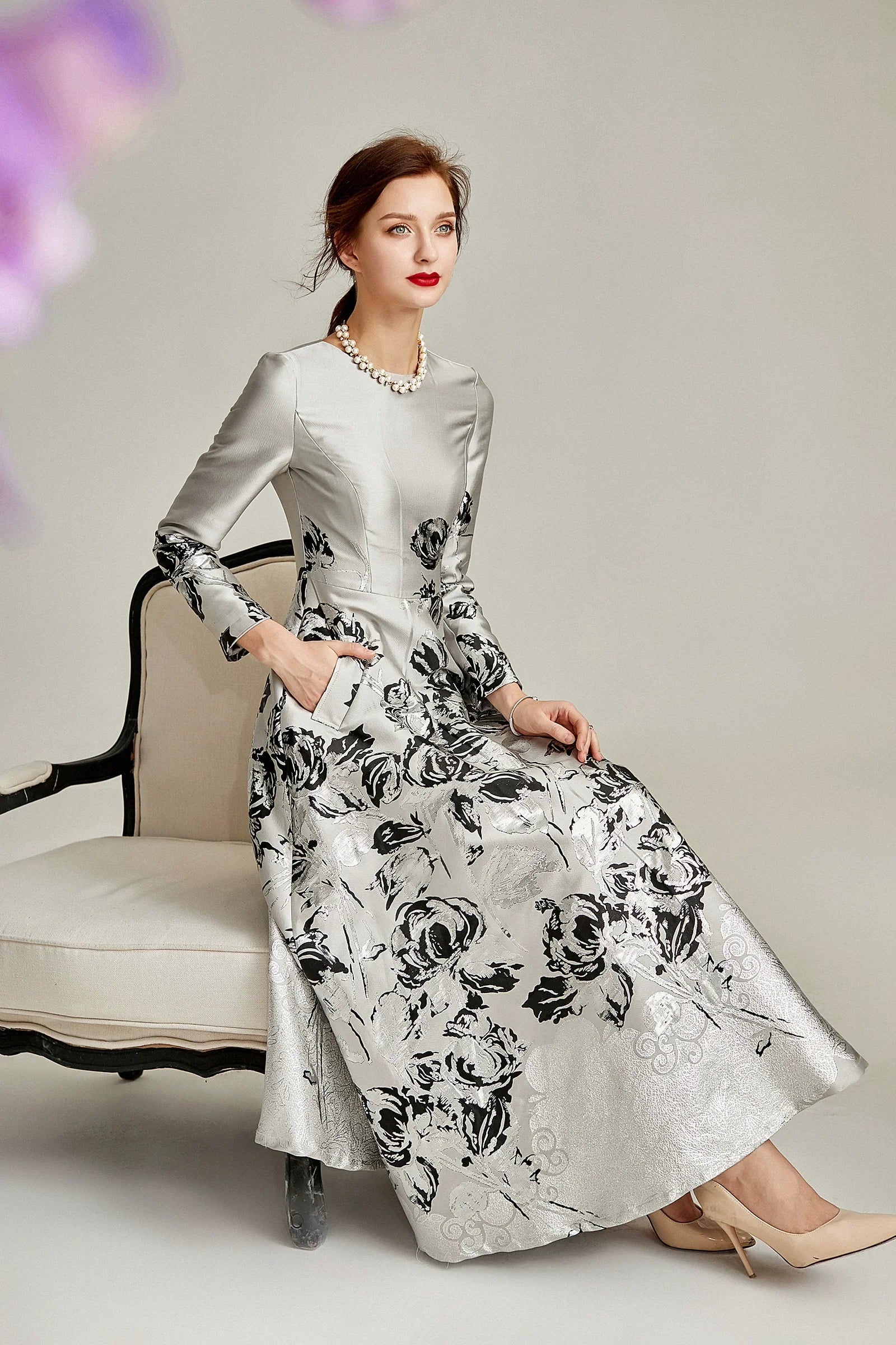 The A-line Silver Jacquard Formal Mum Dress