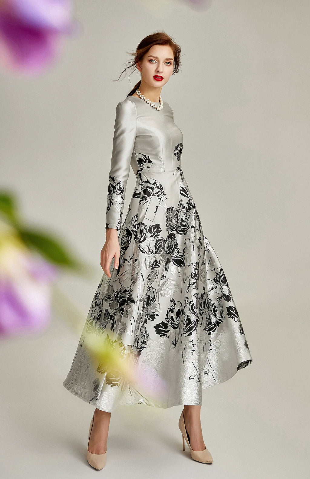 The A-line Silver Jacquard Formal Mum Dress